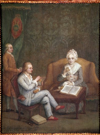 Portræt af Adriana Giustinian med sin søn Gerolamo Ascanio, der tager varm chokolade (Adriana Giustinian Barbarigo og hendes søn Gerolamo Ascanio, der tager en kop chokolade) Maleri af Pietro Longhi (1702-1785) 1779 ca. Dim 58x45 cm Venedig, Ca 