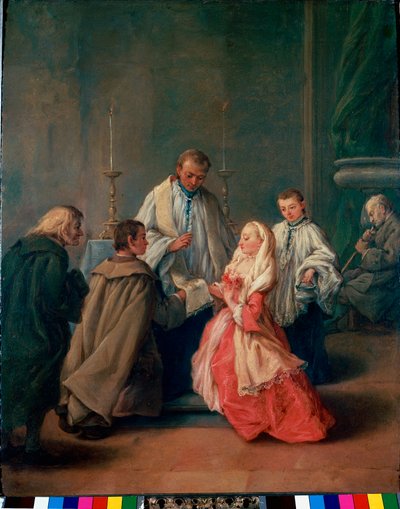 Sakramenterne: "" Bryllupsceremoni "" Maleri af Pietro Longhi (Pietro Falca) (1702-1785) 1755 ca. Søn 62x50 cm Venedig, Querini-Stampalia Billedgalleri af Pietro Longhi
