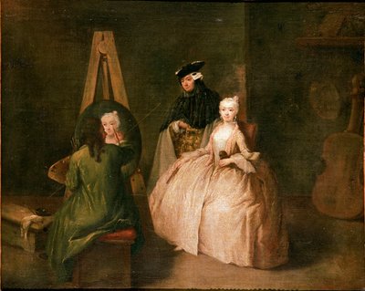 Malerens atelier Maleren foran sit staffeli portrætterer en ung kvinde. Maleri af Pietro Longhi (1702-1785) 1740-1745 søn. 44x53 cm Venedig, Ca 