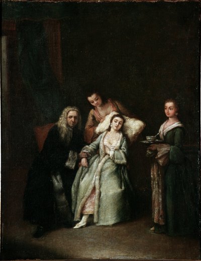 Den syge kvinde Besøg af lægen, der tager pulsen på de syge Maleri af Pietro Longhi (1702-1785) 1741 Dim 52x41 cm Venedig, Ca