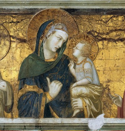 Jomfruen og barnet mellem Frans af Assisi og evangelisten Johannes. Detalje. 1315-1319 af Pietro Lorenzetti