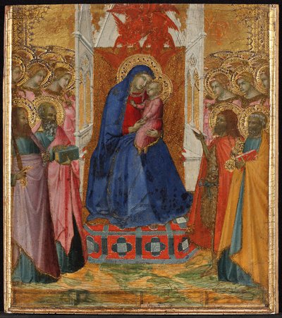 Maria auf dem Thron mit dem Kind, anbetende Engel und Heilige Paulus, Johannes der Evangelist, Johannes der Täufer und Petrus af Pietro Lorenzetti