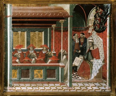 Pave Honorius III godkender karmelitternes regel, detaljer (tempera og guld på træ) af Pietro Lorenzetti