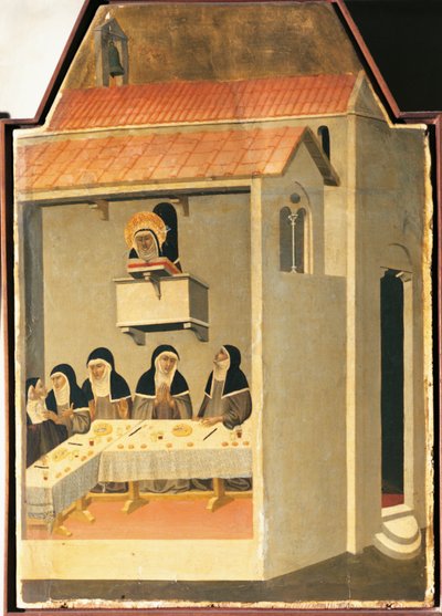 Den velsignede ydmyghed formår på mirakuløst vis at læse i refektoriet i Santa Perpetua, tegl fra altertavlen af den velsignede ydmyghed af Pietro Lorenzetti (ca. 1280-1348), tempera og guld på træ af Pietro Lorenzetti