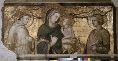 Jomfruen og barnet mellem Sankt Johannes og Sankt Francois Fresco af Pietro Lorenzetti (1280-1348) i Assisi (Assisi), Nedre Basilika, Orsini Kapel. af Pietro Lorenzetti