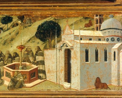 De første karmelitteremitter ved Elias-kilden, detalje fra predella af altertavle for Carmine, Pietro Lorenzetti (ca 1280-1348), tempera og guld på træ, Pinacoteca Nazionale, Siena af Pietro Lorenzetti