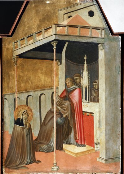 Ugolotti tog den klosterlige vane (detalje af Saint Ydmyghedens polytykonliv) - Detrempe på træ af Pietro Lorenzetti