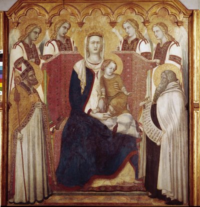 Jomfru og Barn mellem St. Nicholas og St. Elias. Centralpanel, Karmelaltertavle (Tempera på træ af Pietro Lorenzetti