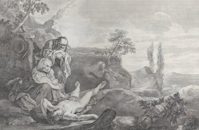 Adam og Eva til venstre, som et ældre ægtepar, sørgende over liget af Abel, der ligger i..., 1743-63. af Pietro Monaco