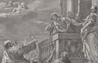 Kristus på en balkon omgivet af vagter, Pilatus står til højre og gestikulerer towa..., ca. 1730-39. af Pietro Monaco