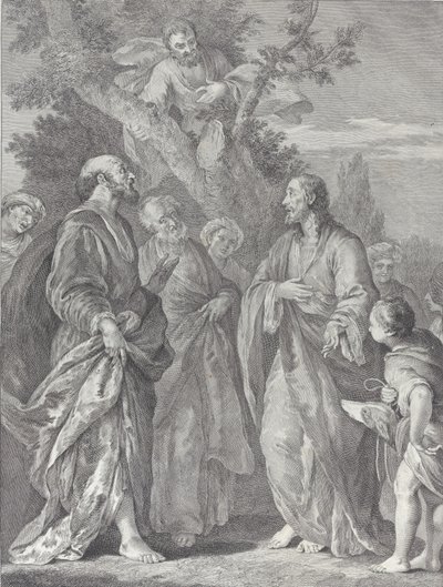 Omvendelse af Zakæus, med Kristus til højre henvendt til skatteopkræveren, som har sæde..., 1730-39. af Pietro Monaco