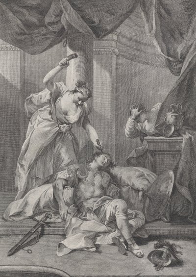 Jael hamrer en teltpløkke ind i den sovende Siseras tempel, til højre a se..., ca. 1730-39. af Pietro Monaco