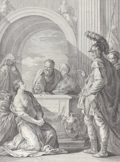Jeftas datter knælende ved offeralteret, med sin far stående ved højre... 1730-50. af Pietro Monaco