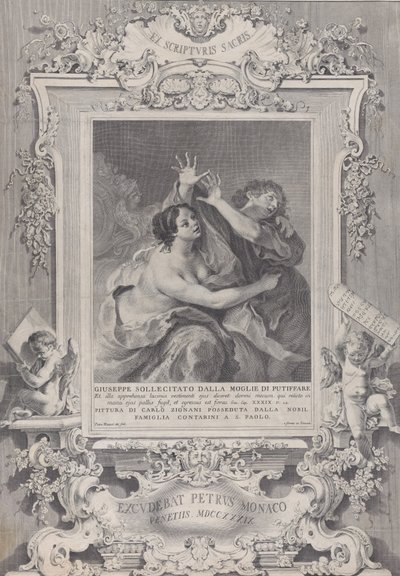 Josef og Potifars kone, inden for en udsmykket ramme, 1739. af Pietro Monaco