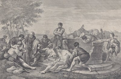 Josef blev solgt til slaveri af sine brødre, som sidder omkring en brønd, der deler c..., 1730-39. af Pietro Monaco