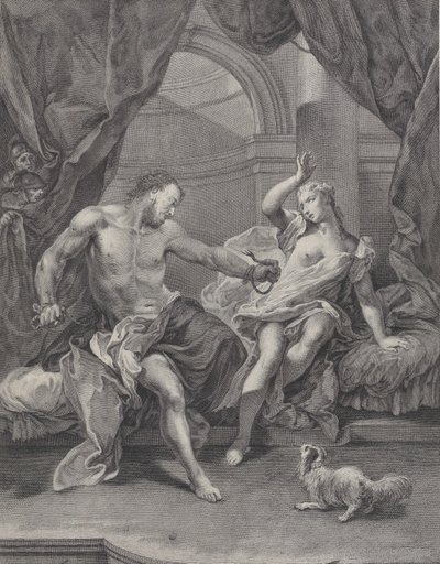 Samson og Delila sad på en seng, Samson river rebene fra hinanden, der binder hans hånd..., ca. 1730-39. af Pietro Monaco