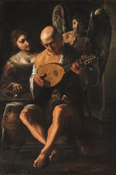 En ældre mand spiller guitar med en kvinde og en putto til stede (olie på lærred) af Pietro Paolini