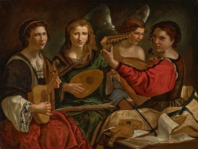 Lutspillere og en engel (olie på lærred) af Pietro Paolini