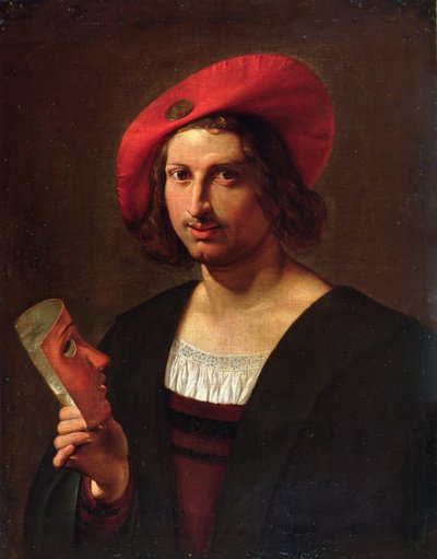 Portræt af en ung mand iført en hat med et badge, der holder en maske (olie på lærred) af Pietro Paolini