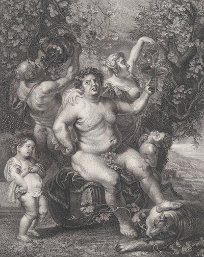 Bacchus siddende på en tønde foran vinstokke, med bacchanter, satyrer og børn s..., 1758. af Pietro Peiroleri