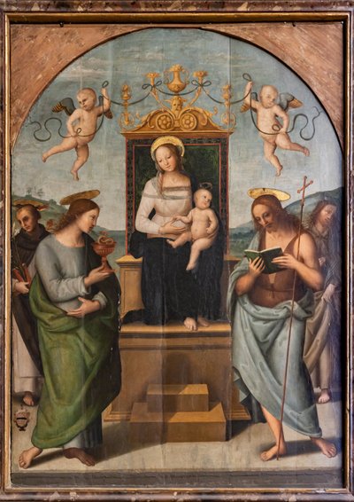 Troner jomfru blandt St. Gervase, Protasio, Paul og Peter af Pietro Perugino