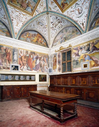 Glimt af sakristi med Perugino paneler, Basilica of Saint Peter, Perugia, Umbrien, Italien af Pietro Perugino
