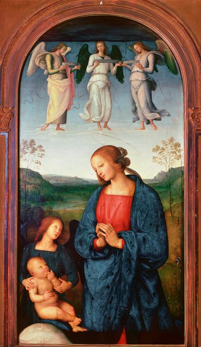 Polyptic of the Chartreuse of Pavia: "" Madonna har barnet og tre engle"" Maleri af Pietro Vannucci dit il Perugino (The Perugin af Pietro Perugino