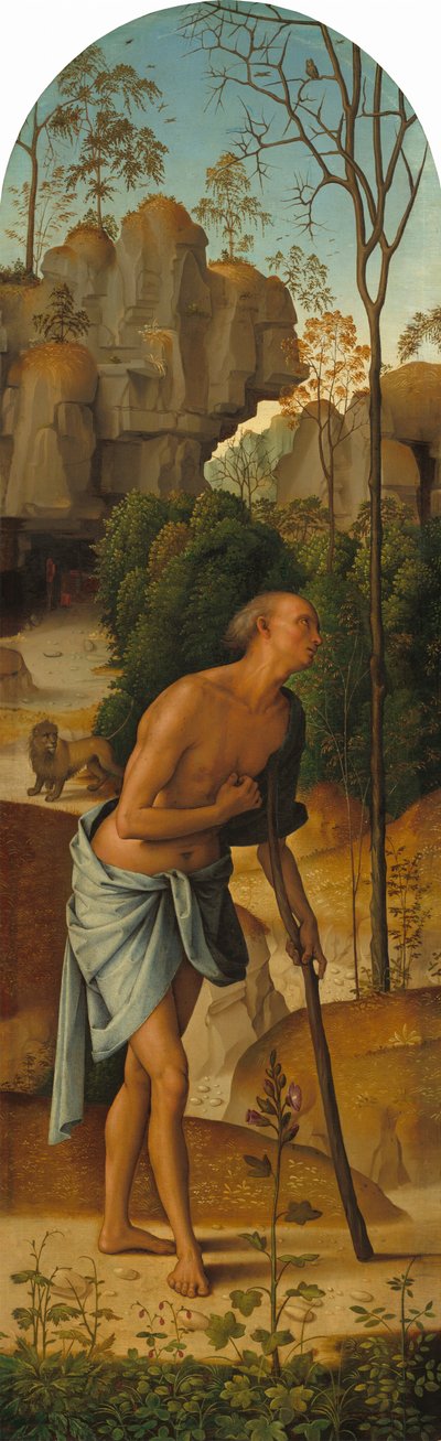 Korsfæstelsen med Jomfruen, Sankt Johannes, Sankt Hieronymus og Sankt Maria Magdalena [venstre panel] af Pietro Perugino