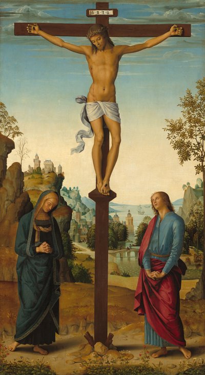 Korsfæstelsen med Jomfruen, Sankt Johannes, Sankt Hieronymus og Sankt Maria Magdalena [midterste panel] af Pietro Perugino
