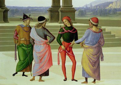 The Marriage of the Virgin, detalje af fire mænd i samtale, 1500-04 olie på lærred detalje af 53750 af Pietro Perugino