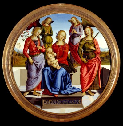Jomfruen og barnet omgivet af to engle, Saint Rose og Saint Catherine. Maleri af Pietro Vannucci dit il Perugino (The Perugin af Pietro Perugino