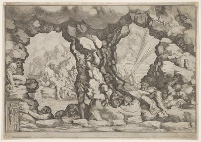 En kæmpe hæver en kampesten i midten, andre kæmper til venstre og højre kæmper og rec..., ca. 1680. af Pietro Santi Bartoli