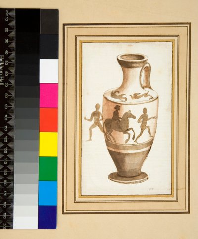 En Oinochoe (sort kridt, nogle med pen og brunt blæk. farvet med akvarel) af Pietro Santi Bartoli