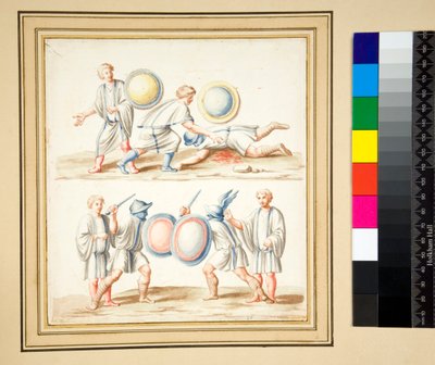 Kopi af en mosaik af to gladiatorscener (sort kridt, nogle med pen og brunt blæk. farvet med akvarel) af Pietro Santi Bartoli