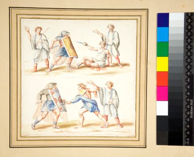 Kopi af en mosaik af en kamp mellem en secutor og en retiarius (sort kridt, kommer med pen og brunt blæk. farvet med akvarel) af Pietro Santi Bartoli