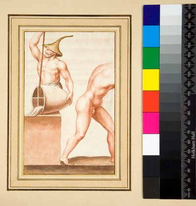 Kopi af en mosaik af en mand med spids kasket hældende fra vase. (sort kridt, nogle med kuglepen og brunt blæk. farvet med akvarel) af Pietro Santi Bartoli