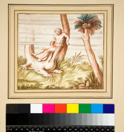 Kopi af en mosaik af mand og krokodille (sort kridt, nogle med pen og brunt blæk. farvet med akvarel) af Pietro Santi Bartoli