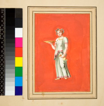Kvindefigur på piedestal med patera og amfora. (sort kridt, nogle med kuglepen og brunt blæk. farvet med akvarel) af Pietro Santi Bartoli