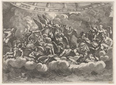 Indsamling af forskellige olympiske guder og mytologiske figurer blandt skyer, Apollo at ce..., ca. 1680. af Pietro Santi Bartoli