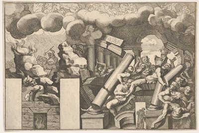 Kæmper knust af sten og templets faldende søjler, røgskyer over..., ca. 1680. af Pietro Santi Bartoli