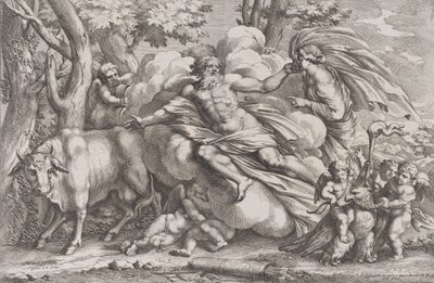 Io til venstre som en ko, Jupiter på en sky i midten og Juno til højre med pu..., 1650-90. af Pietro Santi Bartoli