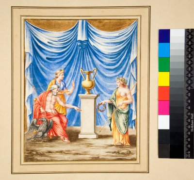 Jupiter sidder til venstre med en ørn og en kvindefigur (sort kridt, nogle med pen og brunt blæk. farvet med akvarel) af Pietro Santi Bartoli