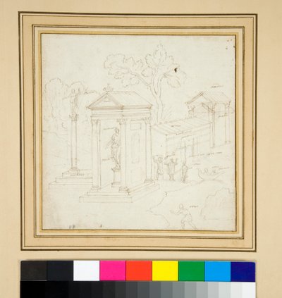 Landskabsmaleri med arkitektur (pen og blæk) af Pietro Santi Bartoli