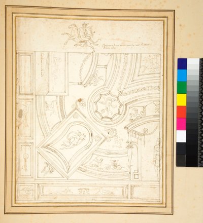 Udsmykning af et antikt rum helt i stuk af basrelief. (pen) af Pietro Santi Bartoli