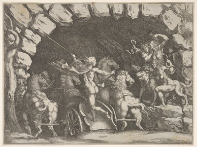 Pluto, set bagfra, går ind i underverdenen på sin vogn, Cerberus og tre Fu..., ca. 1680. af Pietro Santi Bartoli