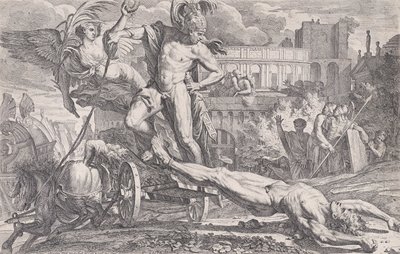 Achilleus trækker liget af Hector rundt om Trojas mure, 1648-50. af Pietro Testa