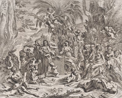 En allegori over maleriet, der som barn i midten til venstre tegner på en tavle, surrounde..., 1637-38. af Pietro Testa