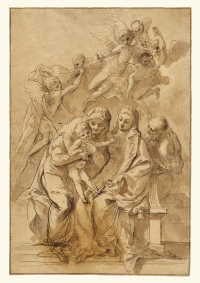 Den hellige familie med Sankt Anna (forside); figurskitser (bagside) af Pietro Testa