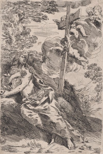 Maria Magdalene i ørkenen, et kors båret af engle til højre, ca. 1630. af Pietro Testa