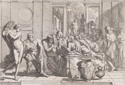Platons symposium: Sokrates og hans ledsagere sad omkring et bord og diskuterede ideel kærlighed..., 1648. af Pietro Testa